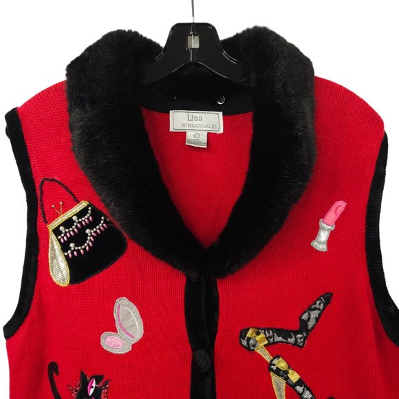 Lisa International Button Front Vest L Cat Purse Faux Fur Detachable Collar - Picture 8 of 16